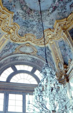 a chandelier hanging from the ceiling in a room with ornate paintings on it