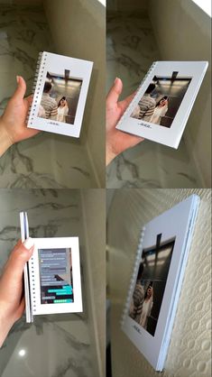 three pictures of someone holding a photo album in their hand