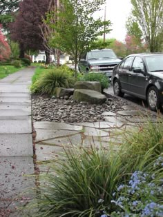 a car parked on the side of a road next to some rocks and plants in front of it