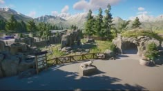 an animated image of a zoo with mountains in the back ground and trees on the other side