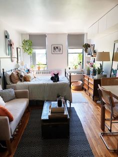 a living room filled with furniture and a cat sitting on top of the couches