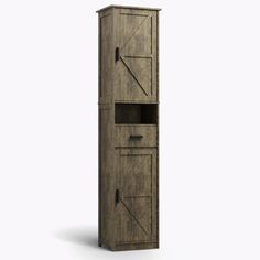 a tall wooden cabinet with two doors on the front and one door open to reveal a shelf