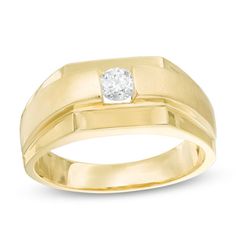 Proclaim his distinguished style with this dramatic diamond solitaire ring. Crafted in warm 14K gold, this flat-top design showcases a sparkling channel-set 1/3 ct. diamond solitaire centered along a satin-finished stripe. Polished to a bright shine, this handsome ring is a smart anytime look. Modern Gold Diamond Ring With Channel Set, Modern 14k Gold Channel Set Diamond Ring, Modern Channel Set Diamond Promise Ring, Modern Formal Channel Set Diamond Ring, Silver Rose Ring, Round Solitaire Engagement Ring, Unique Diamond Engagement Rings, Diamond Solitaire Ring, Wedding Rings Halo