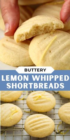 lemon whipped shortbreads on a cooling rack with the words, buttery lemon whipped shortbreads