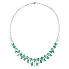 Immerse yourself in the enchanting allure of this Pear Zambian Emerald Gemstone Necklace, adorned with Pear and Round Diamonds, a breathtaking masterpiece of fine jewelry crafted in 18 Karat White Gold. Item Code :- SEN-51197 Gross Wt. :- 29.42 gm 18k White Gold Wt. :- 23.91 gm Natural Diamond Wt. :- 9.30 Ct. ( AVERAGE DIAMOND CLARITY SI1-SI2 & COLOR H-I ) Zambian Emerald Wt. :- 18.26 Ct. Necklace Length :- 16 Inches Long ✦ Sizing ..................... We can adjust most items to fit your sizing Luxury Diamond White Emerald Necklace, Luxury White Gold Gemstone Necklace, Luxury Exquisite Oval Emerald Necklace, Luxury Pear-shaped Emerald Gemstone Necklace, Drop Emerald Necklaces For Formal Occasions, Emerald Drop Necklace For Formal Occasions, Formal Drop Emerald Necklace, Briolette Emerald Necklace For Formal Occasions, Formal Emerald Briolette Necklace