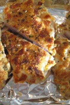 several pieces of food sitting on top of tin foil