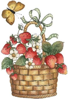 a basket full of strawberries and flowers with a butterfly flying over the basket on top