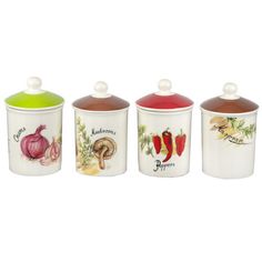 three ceramic canisters with different designs on them