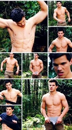 multiple pictures of a shirtless man in the woods with his hands on his hips