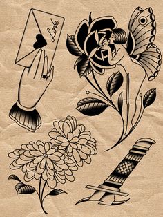 an old fashioned tattoo design with flowers and butterflies