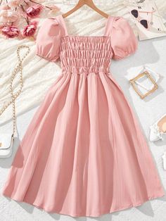 Pink Cute Collar Short Sleeve Woven Fabric Plain A Line Embellished Slight Stretch  Teen Girls Clothing Casual Teen Dresses, Cute A Line Dresses, Pink Dresses Summer, Cute Teen Dress, Birthday Outfit For 12, Cute Simple Dresses Casual, Dresses For Girls 10-12, Teen Dress Outfits, Dress Pink Outfit