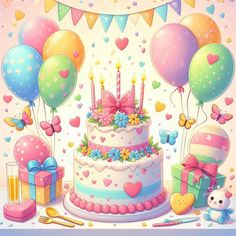 a birthday cake surrounded by balloons, gifts and confetti on a pink background