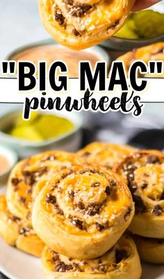 some food that is on a plate with the words,'big mac pinwheels '