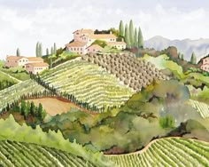 a painting of some hills with houses on them