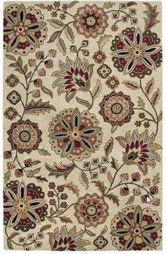 an area rug with flowers and leaves on the side, in beige colors is shown