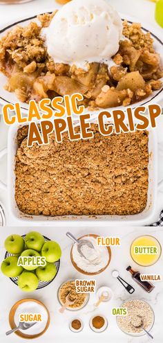 an apple crisp recipe on a plate with the ingredients labeled in english and french words