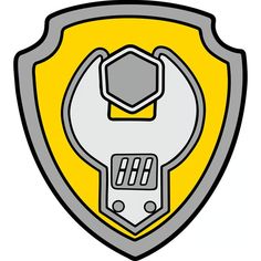 a yellow and gray shield with a wrench on it