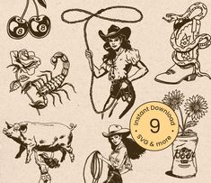 an old - fashioned drawing of various farm animals and women with lasso, cowgirls, cowboy hats, and other items