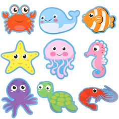 an assortment of sea animals and fish stickers on a white backgrounnd