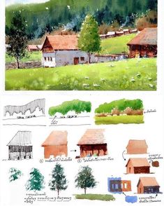 two drawings of farm buildings and trees