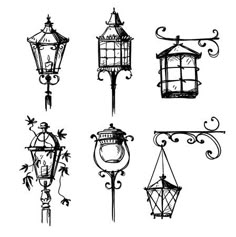 vintage street lamps and lanterns on white background