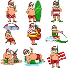 an image of santas on the beach with surfboards and other holiday items illustration