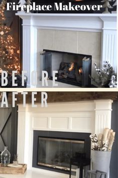 before and after fireplace makeover with white mantle, black mantel and christmas tree