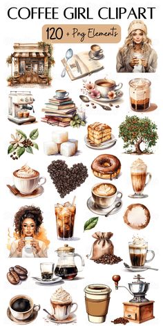 the coffee girl clipart is shown with different types of cups and saucers on it