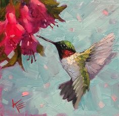 a painting of a hummingbird in flight with pink flowers