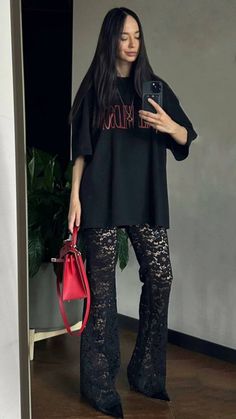 Outfit For Meal Out, Lace Fall Outfits, New Years Eve Outfits Summer, Festival Simple Outfit, Lace Pants Street Style, Black Lace Trousers Outfit, Elevated Goth Style, New Years Eve Outfits 2024, Date Night Concert Outfit