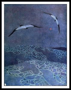 two seagulls flying over the ocean at night