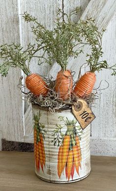 an old tin can with some carrots in it