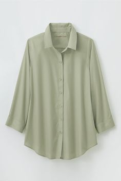 With no ironing needed, this 3/4-sleeve shirt is a carefree—and indispensable—choice. Great tucked in or not, reinforced placket. | Women's No-Iron 3/4-Sleeve Shirt - Beachgrass - 6 Iron Shirt, Knit Denim, Embroidered Tunic, Mellow Yellow, Green Blouse, Coldwater Creek, Petite Size, Shirt Top, Vintage Tops