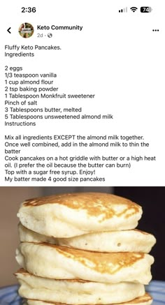 pancakes stacked on top of each other with the recipe below them in english and spanish