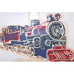 a painting of a train with red, white and blue colors