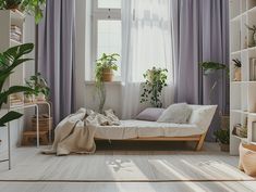 a bedroom with purple curtains and plants in the window