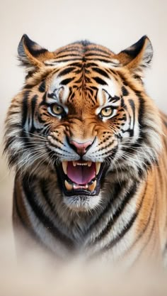 a close up of a tiger with its mouth open