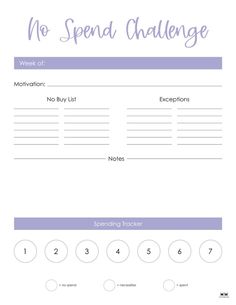 the no spend challenge sheet is shown in purple and white, with numbers on it