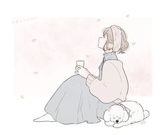 a drawing of a woman sitting on the ground next to a dog and holding a cup