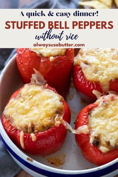 stuffed bell peppers in a bowl with text overlay