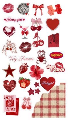 various valentine's day stickers are arranged on a white background with red and pink accents