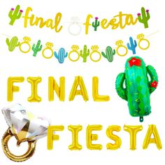 the words final fiesta are in front of an image of a cactus