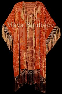 Orange Fringe Jacket Kimono Duster Silk Burnout Velvet Maya Matazaro Plus(BoutiqueMaya) 1920s Inspired Outfit, Orange Kimono, Moda Kimono, Velvet Fringe, Opera Coat, Lavender Silk, Fringe Kimono, Kimono Duster, Burnout Velvet