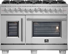 an oven with four burners and two doors on each side, in stainless steel