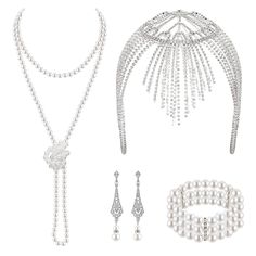 PRICES MAY VARY. 1920 Flapper Accessories: 1920 accessories set includes 1 piece sparkling 1920 flapper headpiece, 1 piece imitation pearl necklace, 1 pair vintage rhinestone pearl drop dangle earrings and 1 piece multilayer pearl bracelet, perfect 1920 flapper accessories for women. Silver great headpiece: You can use your own bobby pins to to secure it in place (ATTENTION: bobby pins are not included in this 20s accessories for women set). Pearl necklace for women length: 59 inches/ 150 cm, lo 1920 Accessories, Roaring 20s Accessories, 20s Accessories, Halloween Themed Party, Flapper Accessories, Flapper Headpiece, Headpiece Accessories, Pearl Jewelry Set, Rhinestone Headpiece