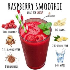 raspberry smoothie recipe in a glass with strawberries and other ingredients to make it