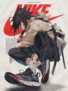 an advertisement for nike featuring a man sitting on top of a pair of running shoes