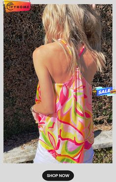 Pink Abstract Floral Print Knotted Halter Tank Top Spring Party Blouse With Halter Neck, Chic Summer Tops With Vibrant Print, Chic Tops With Vibrant Print For Summer, Chic Summer Top With Vibrant Print, Vibrant Summer Beach Blouse, Multicolor Summer Blouse, Pink Vibrant Print Summer Tops, Summer Pink Tops With Vibrant Print, Halter Neck Blouse For Beach