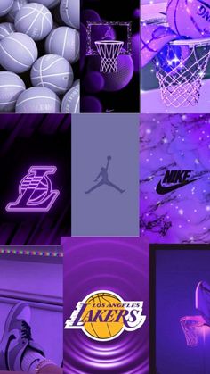 a collage of different sports related items and logos, including basketball hoops, nike shoes, air jordan shoelaces, neon purple wallpaper