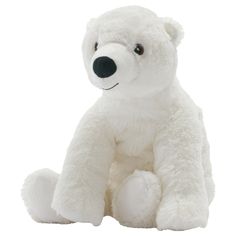 a white stuffed polar bear sitting up against a white background